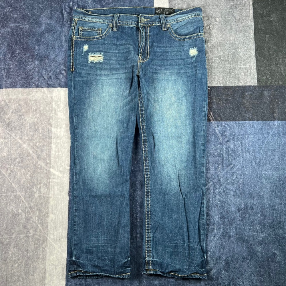 TK Axel Relaxed Straight Mens Jeans 38x30 Medium Wash Distressed Blue Denim